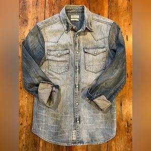 All Saints Jean Shirt, Light Denim with Snap Closure, Slim Fit. Size XS